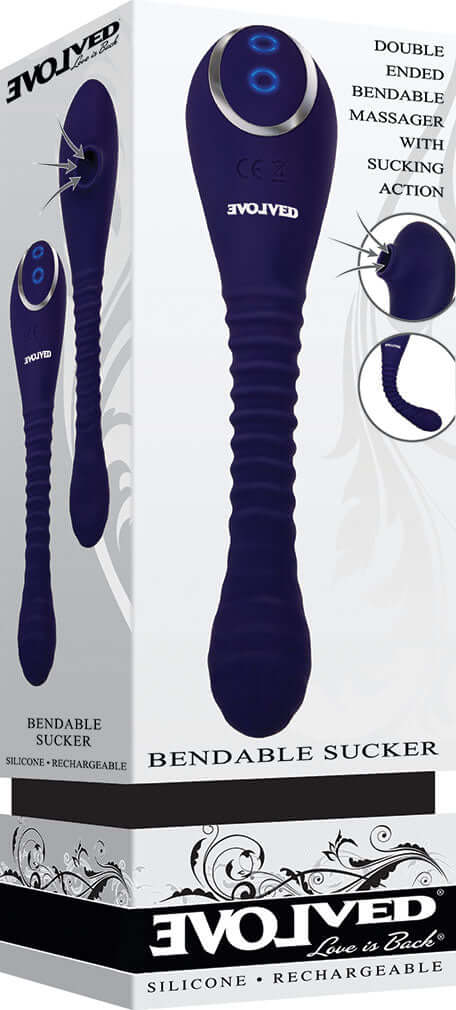 Bendable Sucker Dual End Silicone Vibrator Purple with touch-free suction and ribbed design for enhanced pleasure.