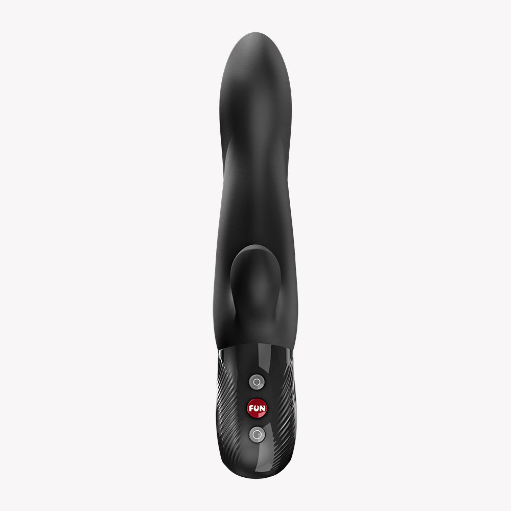 Fun Factory Bi Stronic Arc Vibrator Black showing ergonomic design and control features.