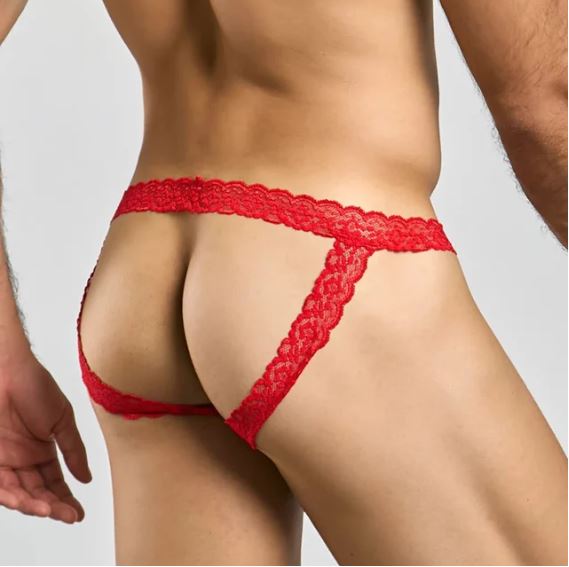 Male Basics MOB Lace Jockstrap Red L XL showcasing a sexy lace design from the back on a male model.