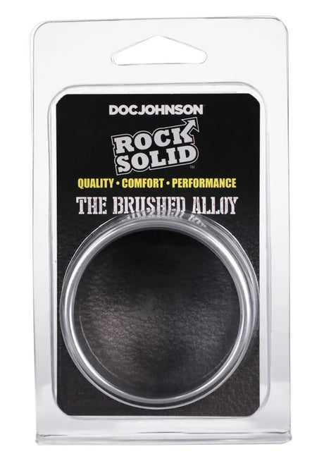 Rock Solid Brushed Alloy Large Metal Cock Ring packaging showcasing quality, comfort, and performance features.