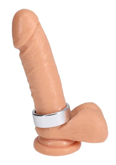Rock Solid Brushed Alloy Large Metal Cock Ring on a skin-toned phallic model to showcase a snug fit.