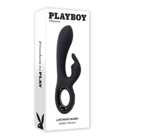 Playboy Late Night Bunny Silicone Rabbit Vibrator Black packaging with product design visible