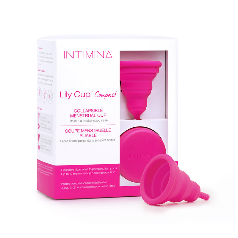 Intimina Lily Cup Compact Size B Menstrual Cup in packaging, showcasing its collapsible design for convenience.