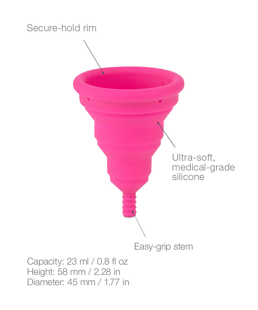 Intimina Lily Cup Compact Size B Menstrual Cup with secure-hold rim and easy-grip stem, made of medical-grade silicone.