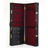 Luxury bondage storage trunk with red velvet lining and versatile compartments for BDSM tools and toys.