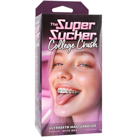 Super Sucker College Crush Ultraskyn Masturbator Vanilla packaging featuring a smiling model with braces.