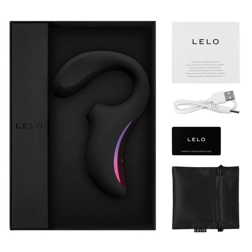 Lelo Enigma Cruise Dual Action Sonic Massager Black in its elegant packaging, including accessories and user guide.