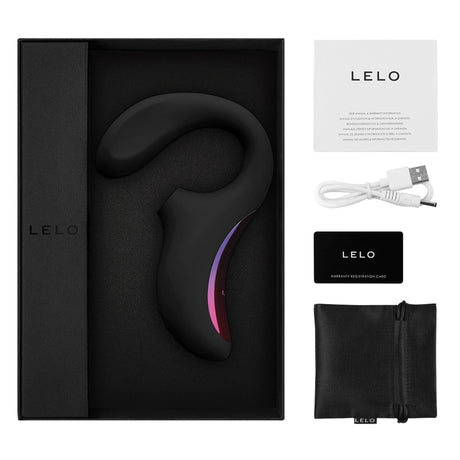 Lelo Enigma Cruise Dual Action Sonic Massager Black in its elegant packaging, including accessories and user guide.