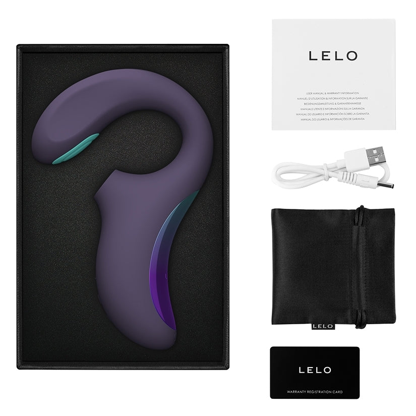 Lelo Enigma Double Sonic A-Spot Vibrator Cyber Purple displayed in elegant packaging with accessories.