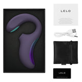 Lelo Enigma Double Sonic A-Spot Vibrator Cyber Purple displayed in elegant packaging with accessories.