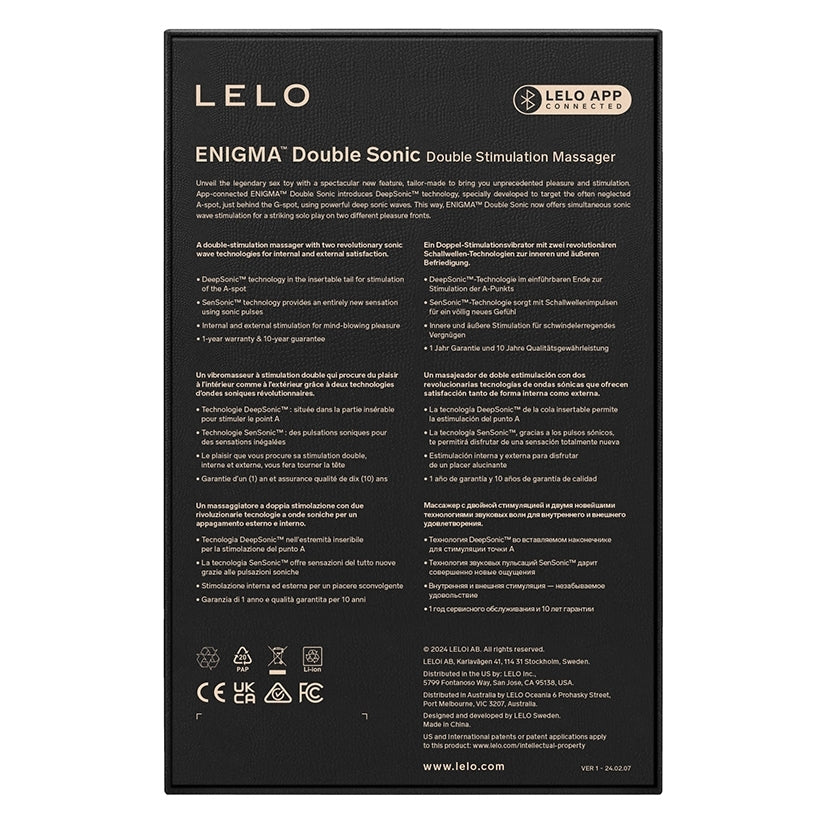 Lelo Enigma Double Sonic A-Spot Vibrator Cyber Purple packaging details, showcasing features and technology.