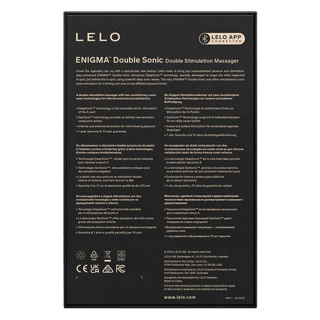 Lelo Enigma Double Sonic A-Spot Vibrator Cyber Purple packaging details, showcasing features and technology.