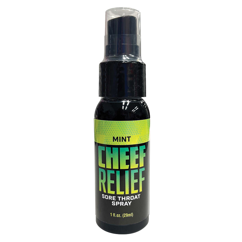 Cheef Relief Throat Spray Mint 1 oz bottle for soothing sore throat and cough relief in refreshing mint flavor.