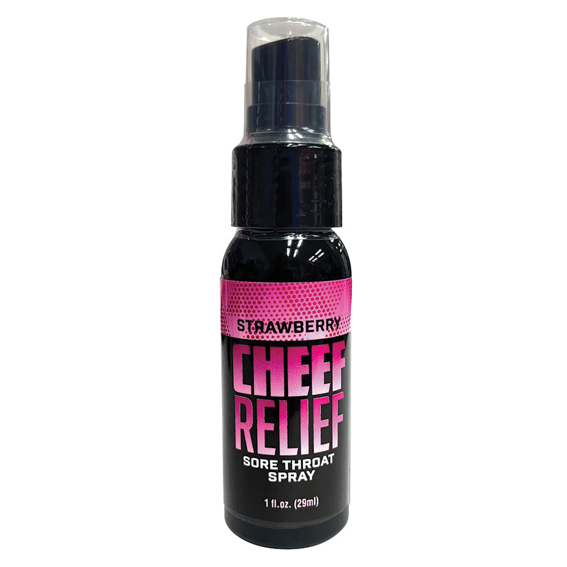 Cheef Relief Sore Throat Spray Strawberry 1 Oz in a spray bottle for soothing throat irritation.