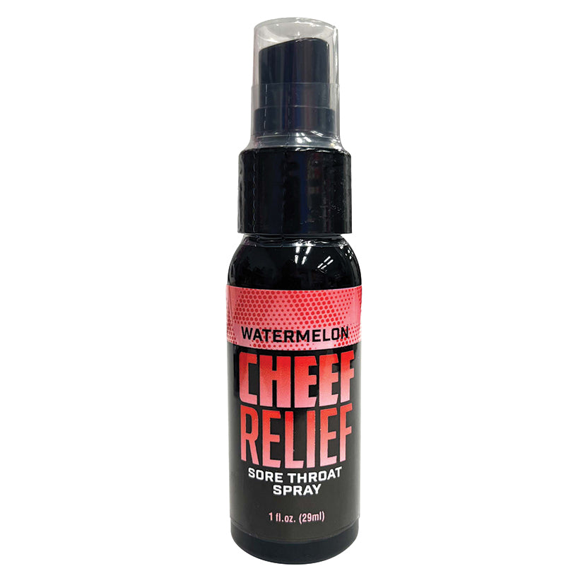 Cheef Relief Watermelon Sore Throat Spray 1 oz bottle with a refreshing watermelon flavor for soothing sore throats.