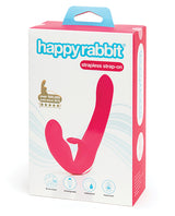 Happy Rabbit Rechargeable Pink Vibrating Strapless Strap On packaging showcasing its features and design.