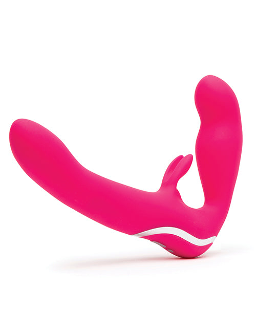 Happy Rabbit Rechargeable Pink Vibrating Strapless Strap On in smooth silicone for shared pleasure.