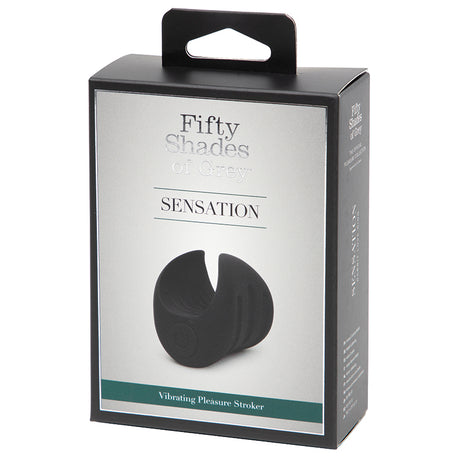 Fifty Shades Of Grey Sensation Vibrating Pleasure Stroker packaging showcasing its sleek design and features.
