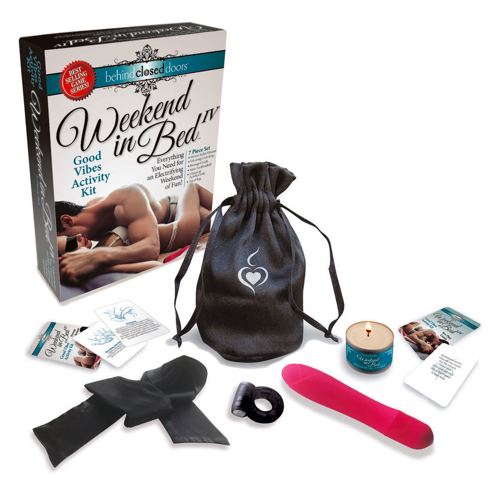 Behind Closed Doors Weekend In Bed Good Vibes Kit with travel bag, massage candle, and pleasure items.