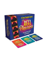 Reel Pleasures Couples Card Game box with game cards, perfect for a flirty movie night contest.