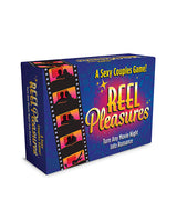 Reel Pleasures Couples Card Game box design for a fun, romantic movie night experience.