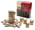 Happy F*ing Birthday Bash Drinking Game with Jenga blocks and shot glasses for adult party fun.