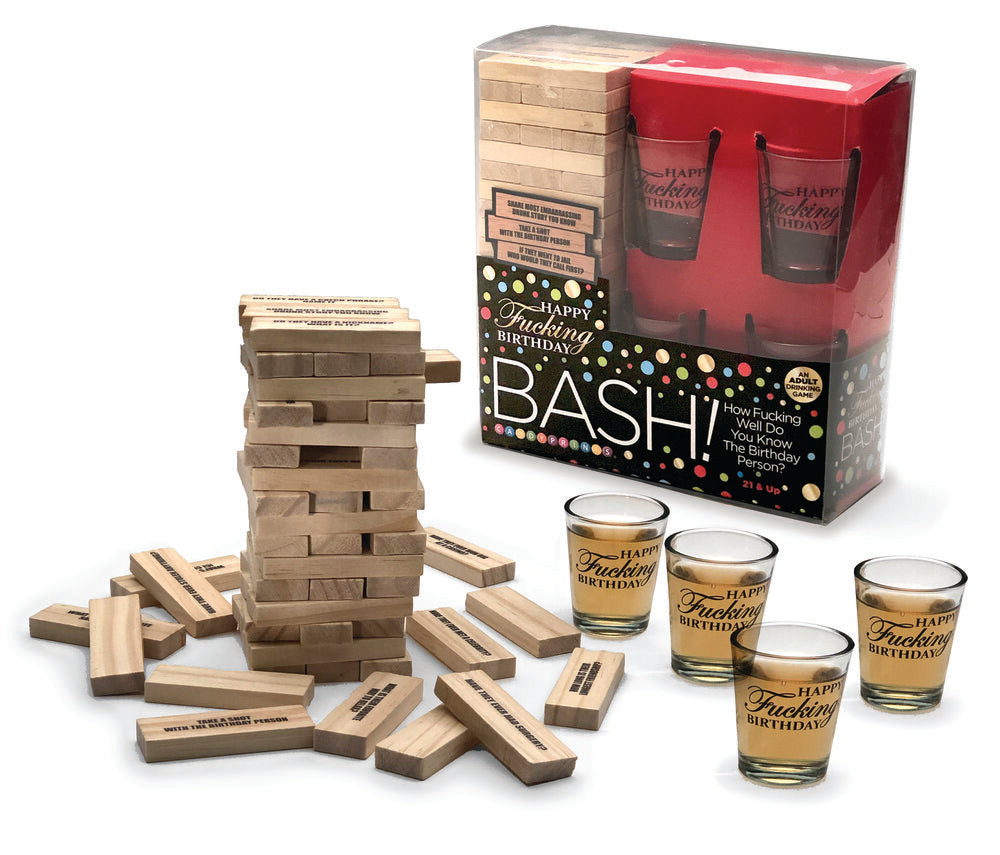 Happy F*ing Birthday Bash Drinking Game with Jenga blocks and shot glasses for adult party fun.
