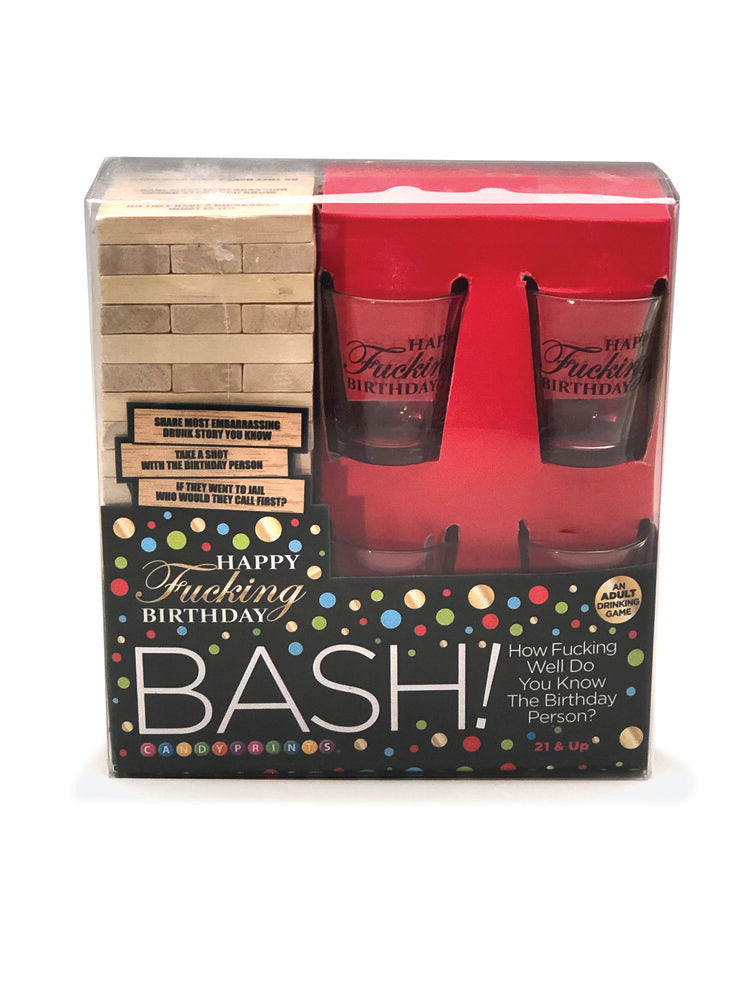 Happy F*ing Birthday Bash Drinking Game set with shot glasses and stacked blocks for adult party fun.