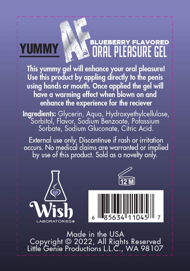 Little Genie Yummy AF Oral Pleasure Gel Blueberry 2.2 Oz packaging with ingredients and usage instructions.