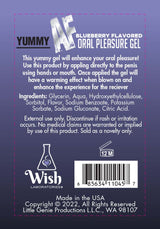 Little Genie Yummy AF Oral Pleasure Gel Blueberry 2.2 Oz packaging with ingredients and usage instructions.