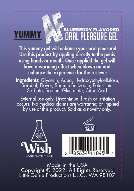Little Genie Yummy AF Oral Pleasure Gel Blueberry 2.2 Oz packaging with ingredients and usage instructions.