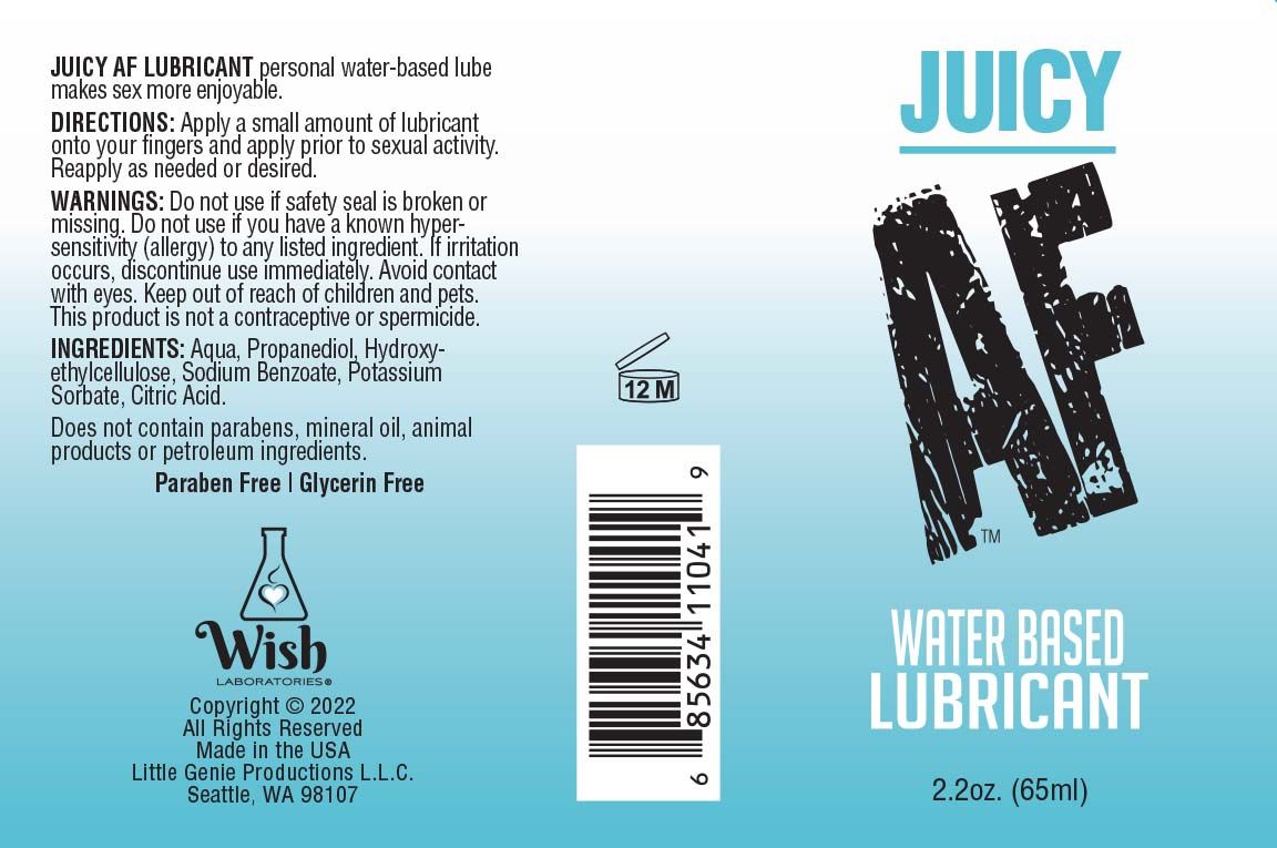 Juicy AF Water Based Lubricant 2oz Bottle packaging showing directions, ingredients, and details about its use.