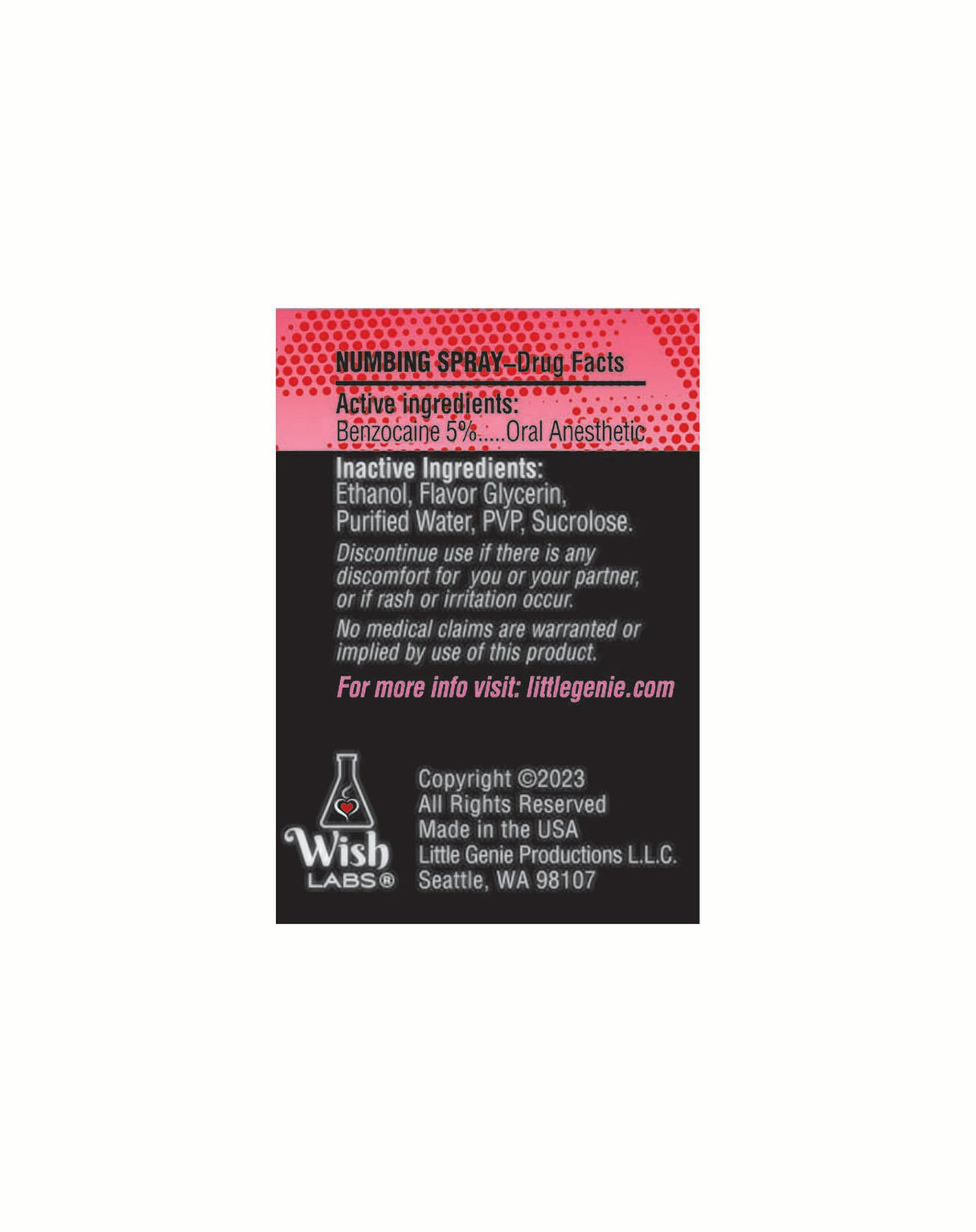 Numbing Spray drug facts label showing active ingredients and instructions on usage.