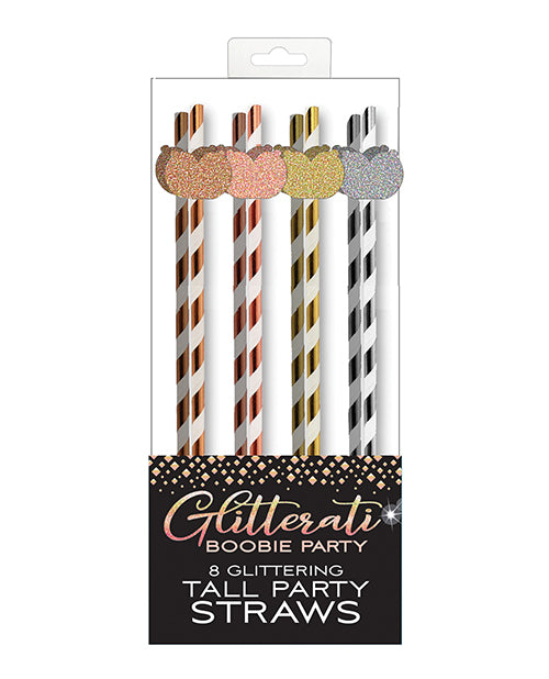 Glitterati Boobie Party Tall Straws Pack of 8 - 8 glittery cocktail straws with metallic and glittery accents.