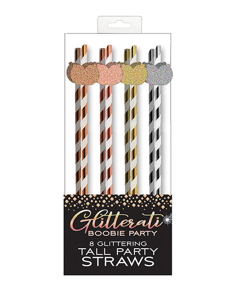 Glitterati Boobie Party Tall Straws Pack of 8 - 8 glittery cocktail straws with metallic and glittery accents.