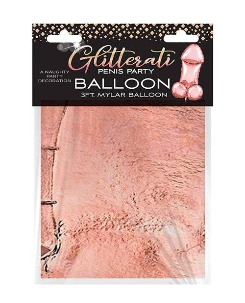 Glitterati Penis 3 Foot Mylar Balloon Rose Gold packaging for bachelorette party decoration.