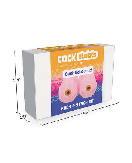 Cock Blocks Rack & Stack Puzzle Kit 3382 Pieces packaging featuring playful design and dimensions.