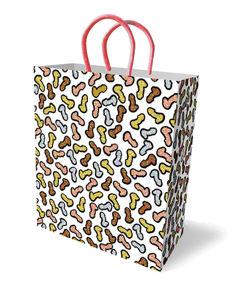 Little Genie Glitterati Penis Party Gift Bag covered in colorful metallic penis designs for cheeky gift-giving.