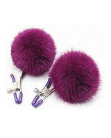 Sexy AF Nipple Clamps Purple Puff Ball with flirty purple puff ball accents and rubber tips for nipple play.