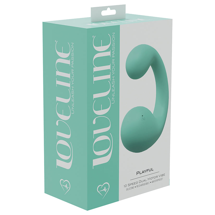Loveline Playful 10 Speed Dual Motor Vibe Green packaging showcasing its sleek design and features.