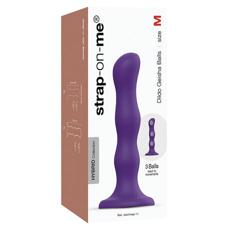 Strap On Me Geisha Dildo With Balls Purple M packaging showing design and features.
