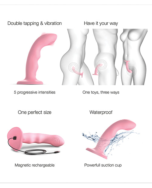 Strap-On-Me Tapping Dildo Wave Vibrator Coral features double tapping, waterproof design, and a powerful suction cup.