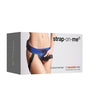 Strap On Me Leatherette Curious Harness Metallic Blue packaging showcasing adjustable belts and design.
