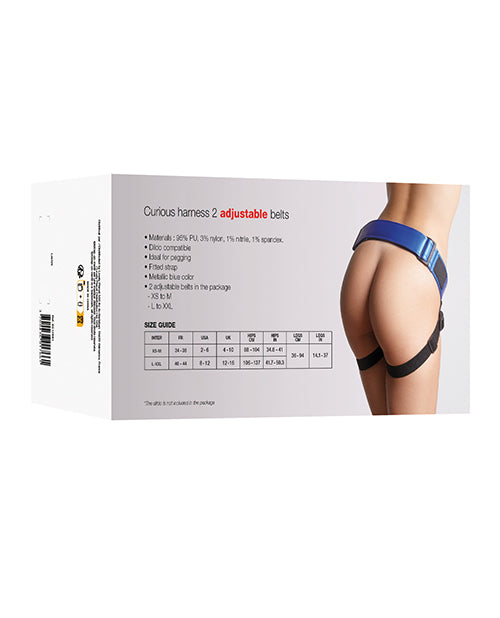 Strap On Me Leatherette Curious Harness Metallic Blue packaging with adjustable belts and size guide.