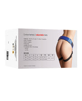 Strap On Me Leatherette Curious Harness Metallic Blue packaging with adjustable belts and size guide.