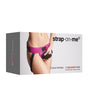 Strap On Me Leatherette Curious Harness Fuchsia packaging showing adjustable harness design for adventurous couples.