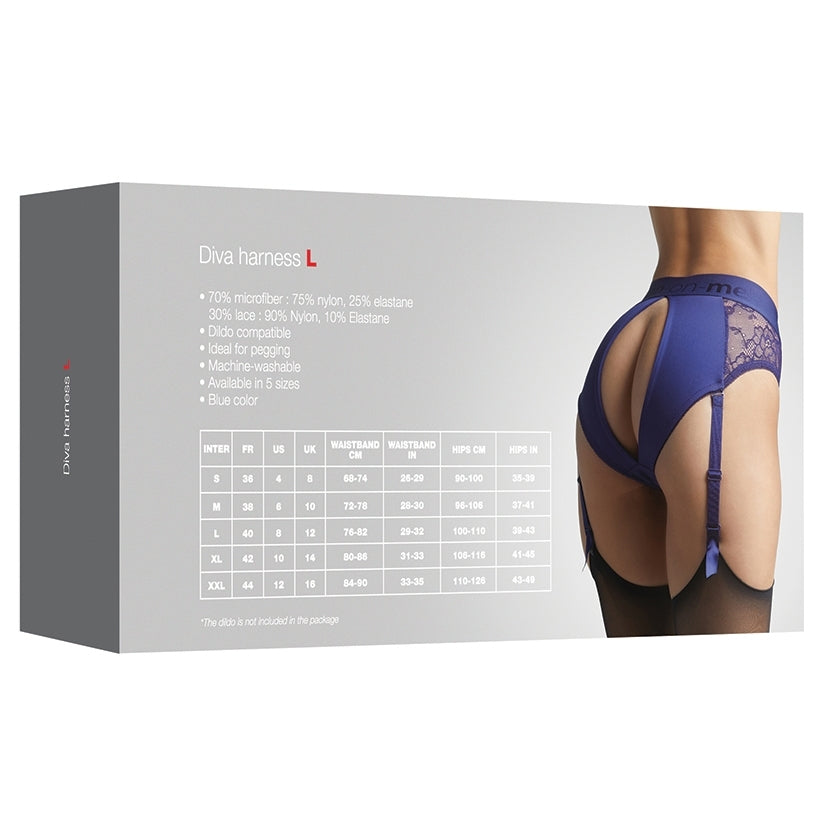 Strap On Me Harness Lingerie Diva Night Blue L packaging design featuring size and fabric details.