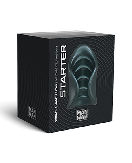 Manwan Starter Travel Vibrating Masturbator Pine Grey packaging design featuring ergonomic shape and stylish text.