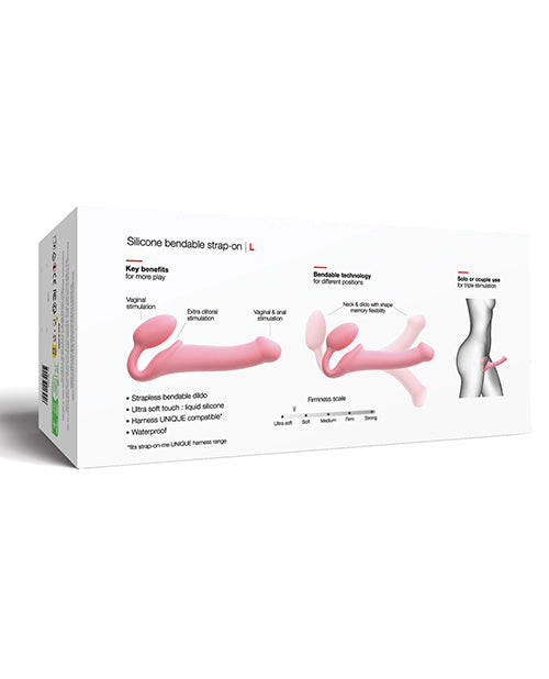 Strap-on-Me Semi-Realistic Bendable Strap-on Pink package showcasing key benefits and technology for enhanced pleasure.