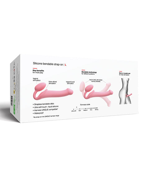 Strap-on-Me Semi-Realistic Bendable Strap-on Pink package showcasing key benefits and technology for enhanced pleasure.